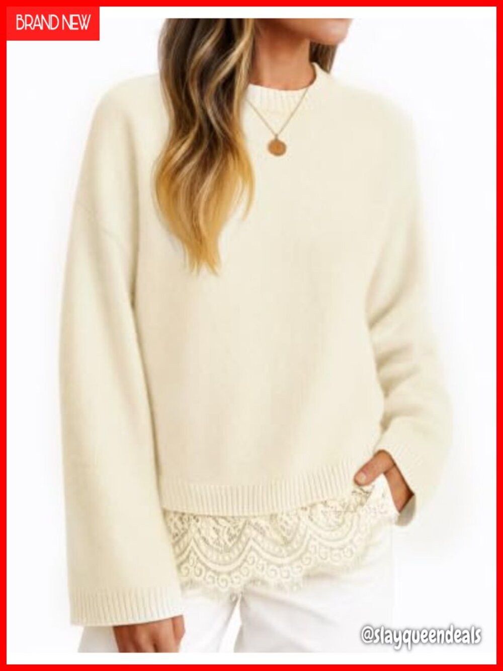 ZESICA Lace Trim Pullover Sweater Long Sleeve Crew Neck